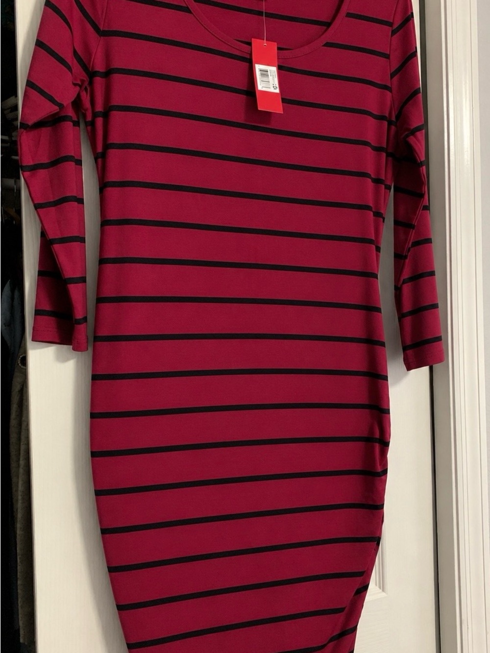 Striped Raspberry 3/4 Sleeve Dress - Women's